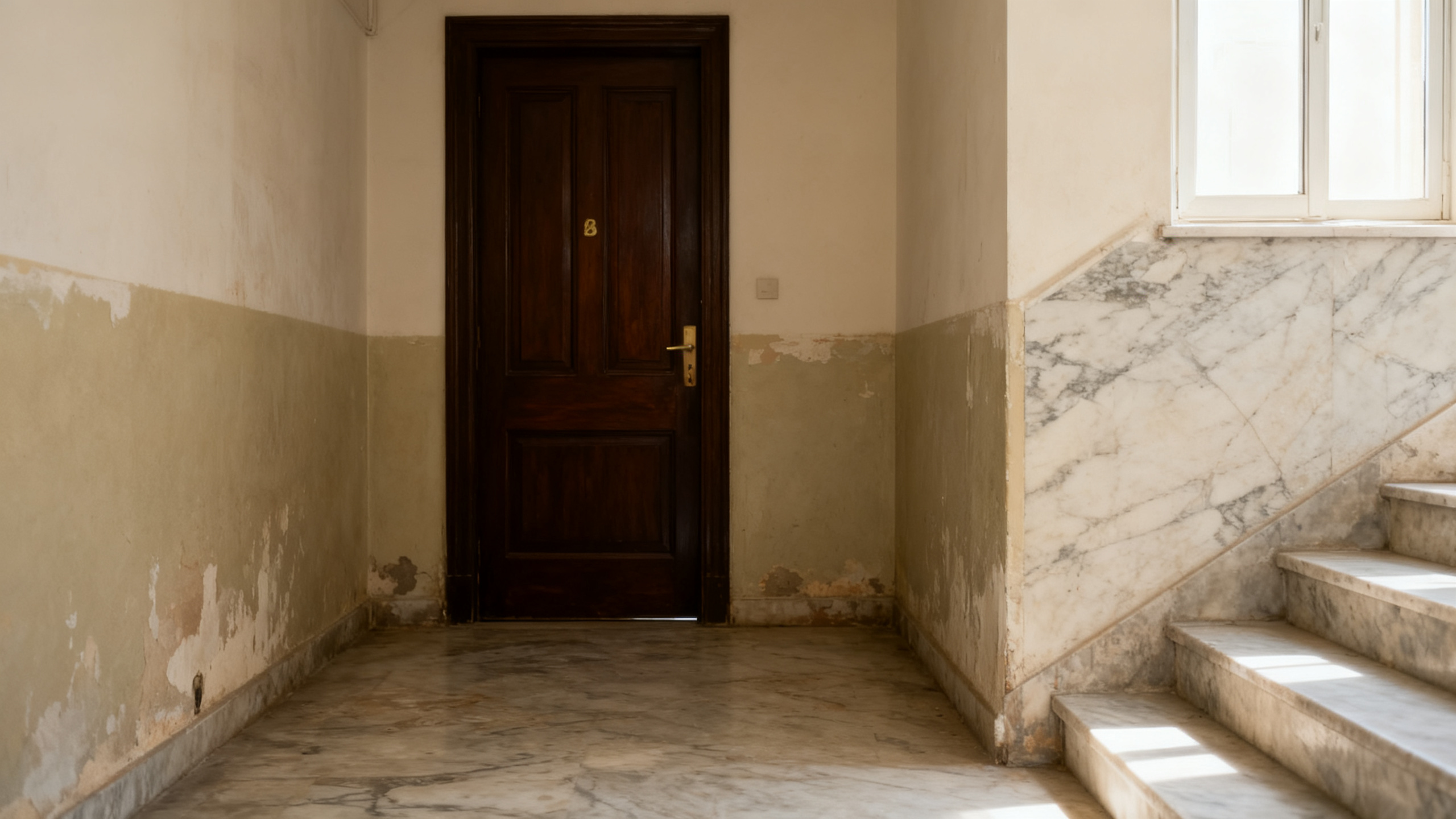 Πλατύσκαλο με σκούρα ξύλινη εξώπορτα διαμερίσματος